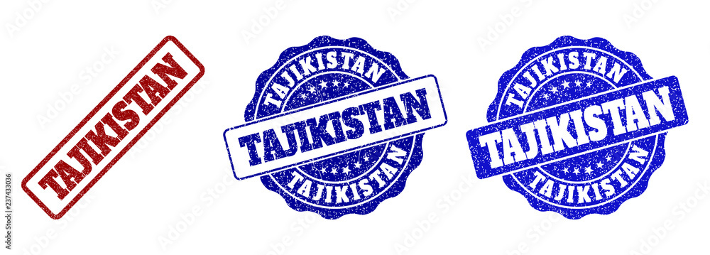 TAJIKISTAN scratched stamp seals in red and blue colors. Vector TAJIKISTAN marks with draft effect. Graphic elements are rounded rectangles, rosettes, circles and text tags.