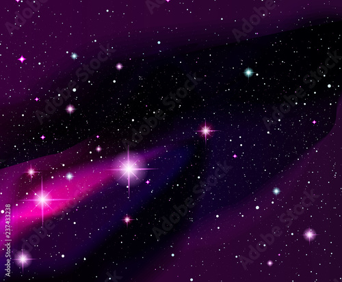 Vector illustration. Shining stars. Fantasy. Cosmos; Outdoor space. Violet galaxy and constellations.