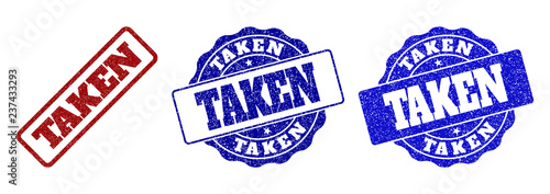 TAKEN grunge stamp seals in red and blue colors. Vector TAKEN labels with grunge effect. Graphic elements are rounded rectangles, rosettes, circles and text captions.