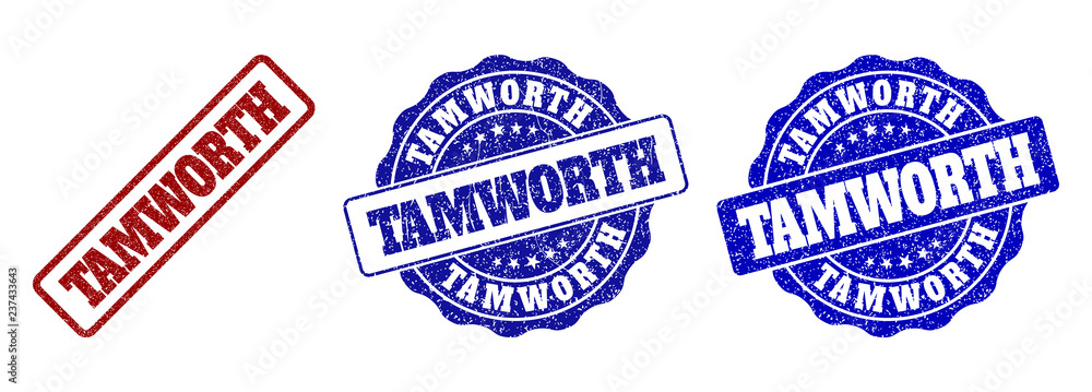 TAMWORTH scratched stamp seals in red and blue colors. Vector TAMWORTH labels with dirty style. Graphic elements are rounded rectangles, rosettes, circles and text labels.