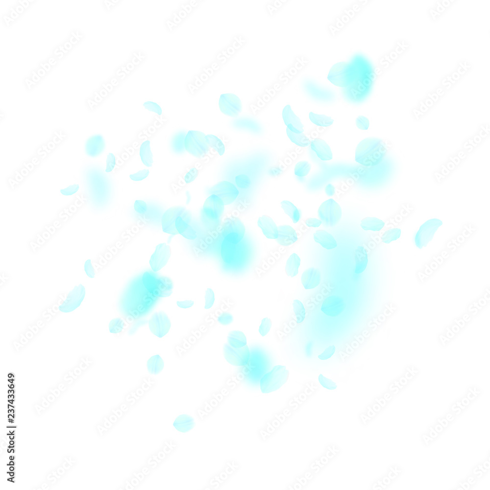 Turquoise flower petals falling down. Bold romanti