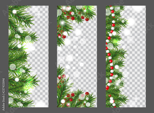 Collection Christmas and New Year vertical banner with border or garland of Christmas tree branches, holly berries and beads on transparent background. Holidays decoration. Vector