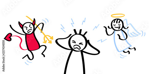 Stressed out stick man with conflicting shoulder angel and devil isolated on white background