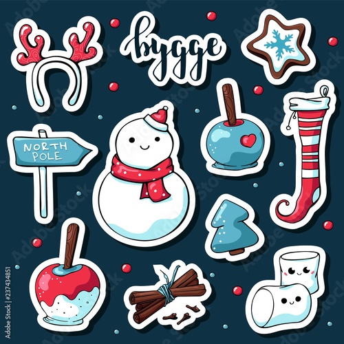 Cute doodle hygge stickers. Vector hand drawn stickers with hygge lettering and cozy things: snowman, deer antlers, marshmallows, apple in caramel, stocking, north pole sign, cinnamon, christmas tree.