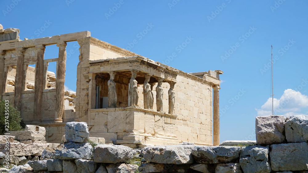 Six Caryatids or karyatides at Porch of the Erechtheion in Acropolis at Athens