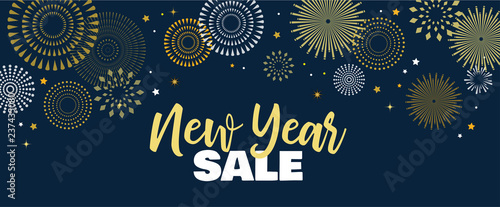 Sale banner background for New Year shopping sale. Happy New year sale lettering on sky full of gold fireworks. Design with for web online store or shop promo offer