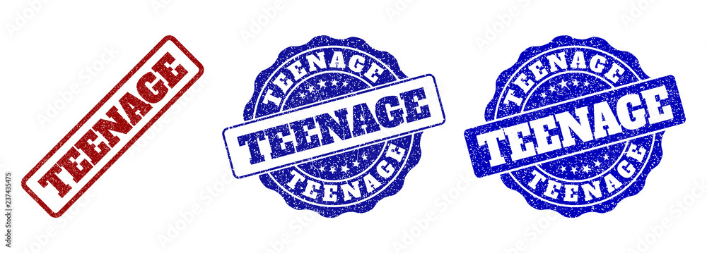 Obraz premium TEENAGE grunge stamp seals in red and blue colors. Vector TEENAGE labels with grunge style. Graphic elements are rounded rectangles, rosettes, circles and text captions.