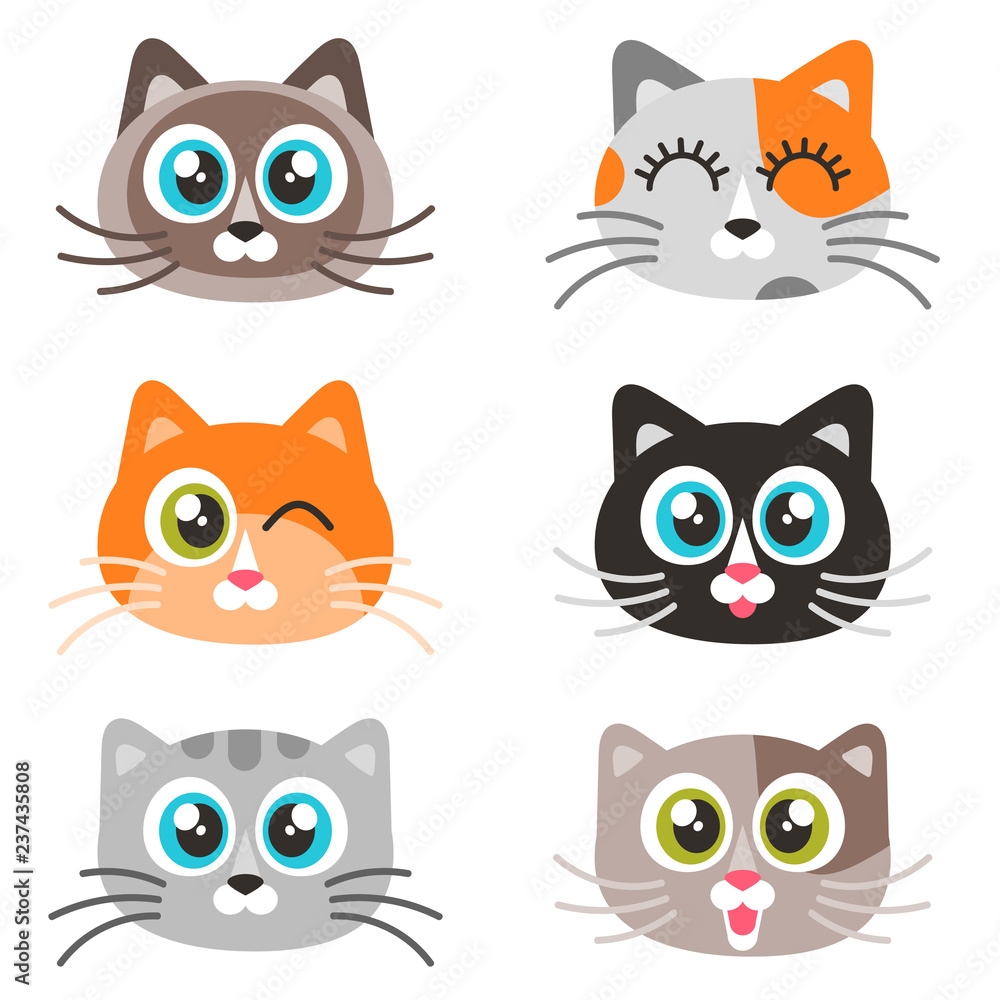 Icons of cute cat faces isolated on white