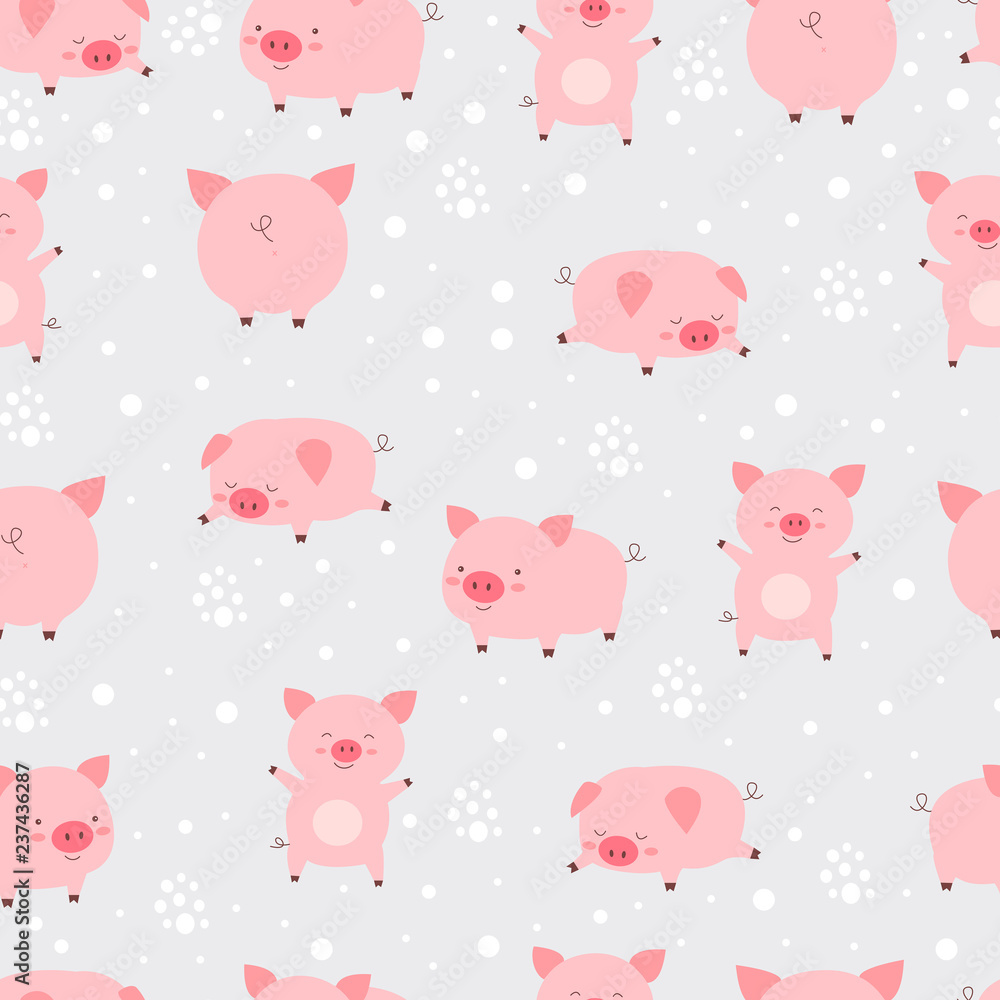 Seamless pattern cheerful cute little cute pigs in snow. Cartoon animal vector illustration.