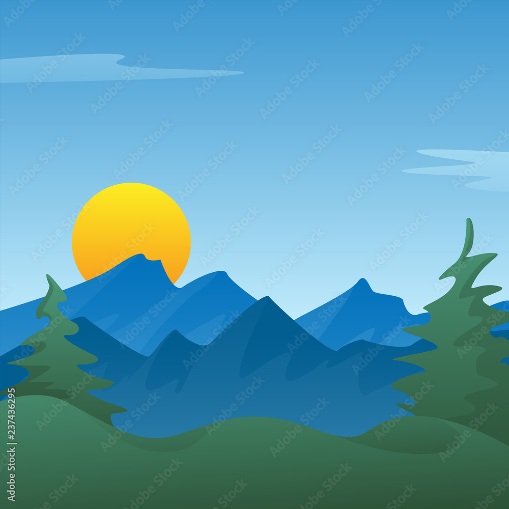 Peaceful blue mountain landscape scene background with pine trees, rolling hills, sun rising or setting, vector Illustration