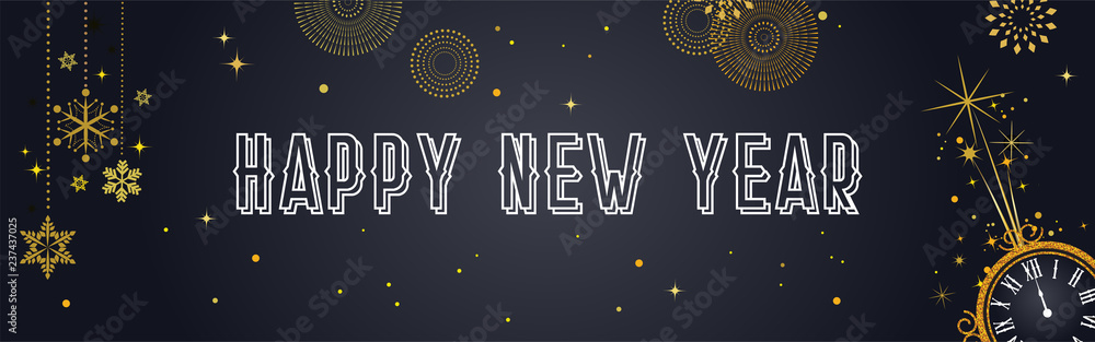 Happy New Year Background with golden fireworks. Gold and black card and banner, festive invitation, calendar poster or promo banner. Happy New Year Background with golden fireworks. Gold and black card and banner, festive invitation, calendar poster or promo banner.