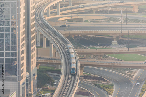 Dubai, UAE - October, 2018. Top view of numerous cars in a traffic in Dubai, United Arab Emirates photo
