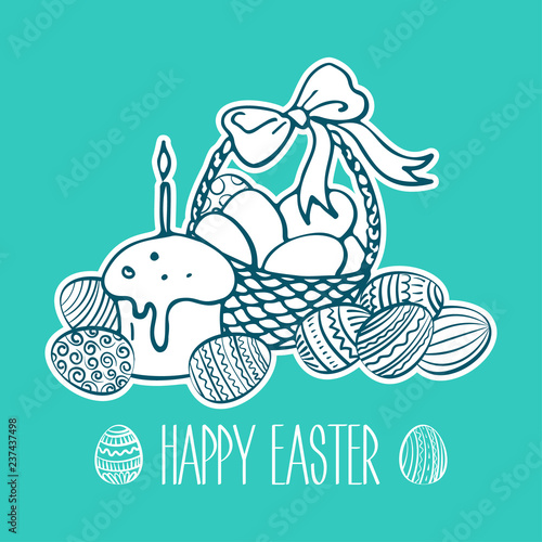 Hand drawn Easter doodle postcard. Eggs in basket. Holiday symbols. Vector illustration.