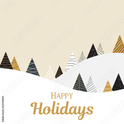 Happy Holidays card with winter landscape and snow.