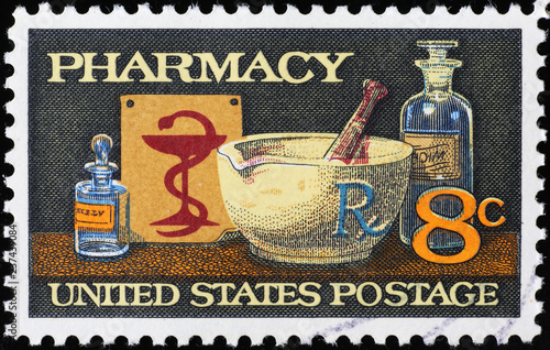 Pharmacy equipment on american postage stamp photo