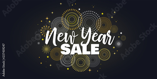 Sale banner background for New Year shopping sale. Happy New year sale lettering on sky full of gold fireworks. Design with for web online store or shop promo offer
