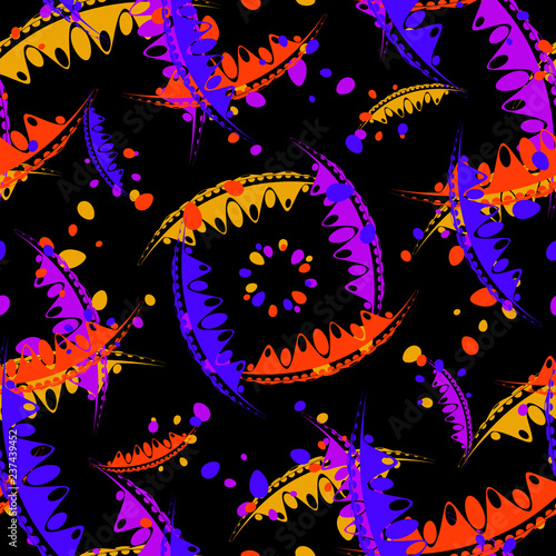 Pattern of bright leaves and petals of garden plants in cloudy c