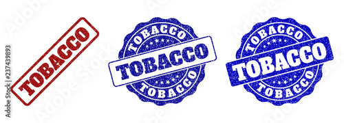 TOBACCO scratched stamp seals in red and blue colors. Vector TOBACCO imprints with draft effect. Graphic elements are rounded rectangles, rosettes, circles and text tags.