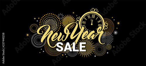 Happy New Year sale banner. vector illustration with Fireworks black Background. Vector Holiday Design for Premium Greeting Card, Party Invitation, web online store or shop promo offer