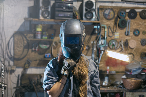 woman with welding mask
