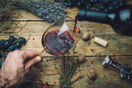 Wine maker pouring red wine (bio) for tasting. Red wine tasting (bio wine) in a wine glass with grapes, nuts and herbs on the background of the old wooden table. Table setting.