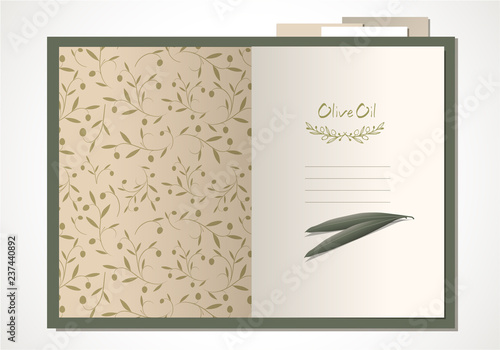 Open cook book with olive leaves and olive branches pattern. Hand written text and hand-drawn olive branches