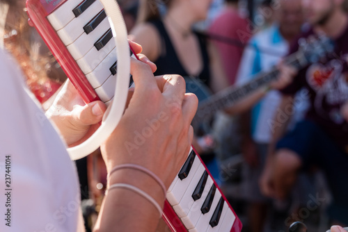 Crop person playing melodica