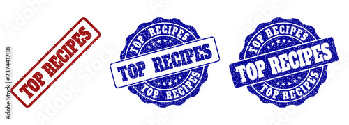 TOP RECIPES grunge stamp seals in red and blue colors. Vector TOP RECIPES watermarks with grunge effect. Graphic elements are rounded rectangles, rosettes, circles and text captions.