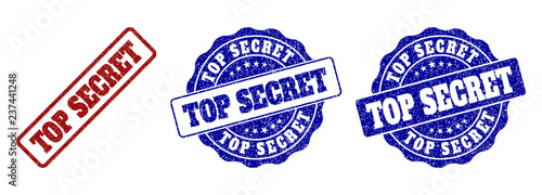 TOP SECRET grunge stamp seals in red and blue colors. Vector TOP SECRET labels with draft style. Graphic elements are rounded rectangles, rosettes, circles and text labels.