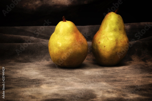 Two large ripe pears on gray mottled background, set up, composed and photographed to resemble old fashioned still life painting.