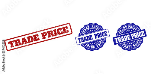 TRADE PRICE grunge stamp seals in red and blue colors. Vector TRADE PRICE watermarks with distress texture. Graphic elements are rounded rectangles, rosettes, circles and text tags.