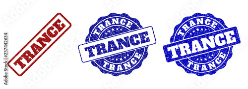 TRANCE grunge stamp seals in red and blue colors. Vector TRANCE watermarks with grunge texture. Graphic elements are rounded rectangles, rosettes, circles and text titles.