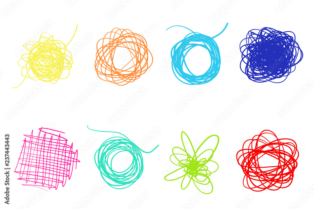 Hand drawn lines on isolated white background. Chaotic textures with hatching. Wavy tangled backdrops. Colorful illustration. Elements for posters and flyers