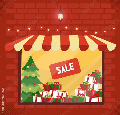 Storefront with Christmas gifts sale. Store and storefront window facade. Lighting shop window with sunblind in brick wall. Stacks of boxes with bows, xmas tree, sign sale.Flat cartoon vector