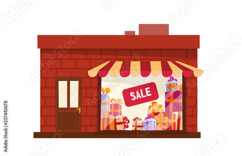 Storefront, store building, facade front view. Shop front view flat cartoon vector illustration cartoon storefront isolated on white background. Lighting shop window with striped canopy in brick wall.