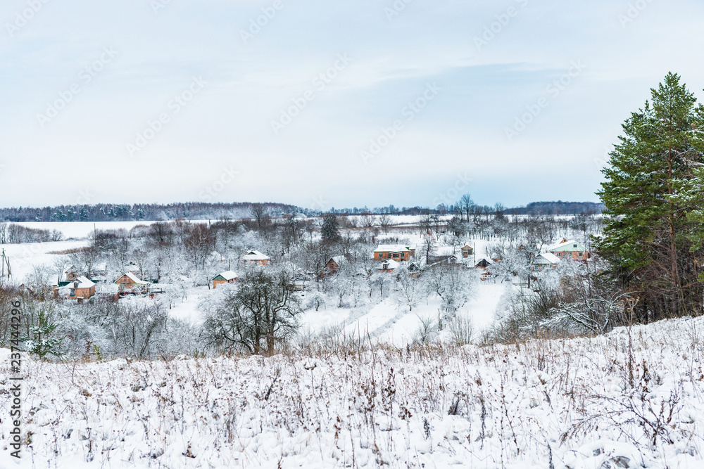 Fototapeta premium View of the countryside covered by snow in the winter