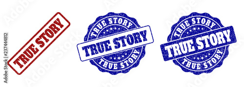 TRUE STORY grunge stamp seals in red and blue colors. Vector TRUE STORY imprints with scratced style. Graphic elements are rounded rectangles, rosettes, circles and text labels.