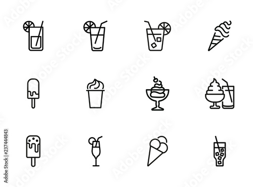 Refreshers line icon set. Cola, ice cream, lemonade. Drink concept. Can be used for topics like cafe, menu, food