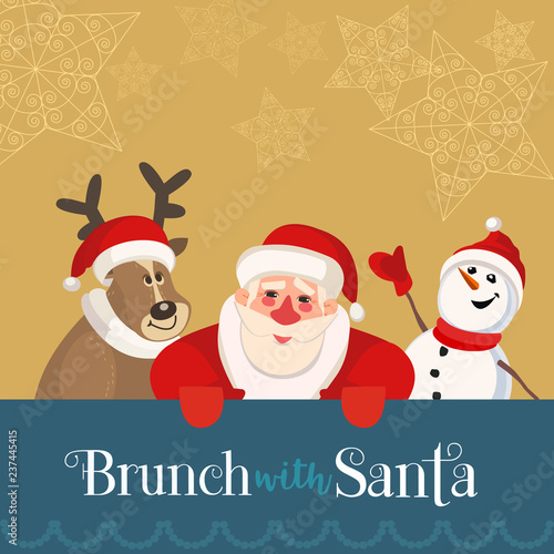 Fun seasonal poster. Cartoon quirky Santa Claus, reindeer, frosty snowman . Christmas breakfast enjoy for kids. Family togetherness on holiday celebration flyer. Vector New Year menu banner template