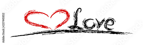 Red heart and black string on a white background. A heart with the word LOVE on a brush-painted line. Graphics for greeting cards, website, valentina cards, greeting cards, gift.