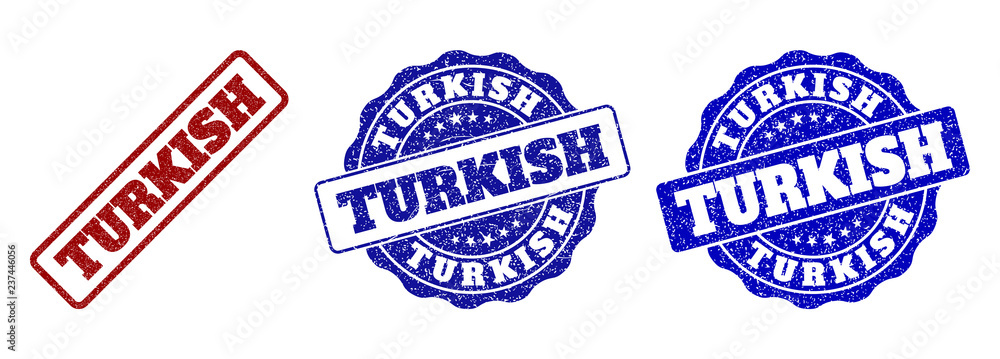 TURKISH grunge stamp seals in red and blue colors. Vector TURKISH signs with grunge effect. Graphic elements are rounded rectangles, rosettes, circles and text titles. TURKISH grunge stamp seals in red and blue colors. Vector TURKISH signs with grunge effect. Graphic elements are rounded rectangles, rosettes, circles and text titles.
