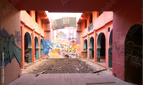 Abandoned building with graffiti on walls in Athens, Greece photo