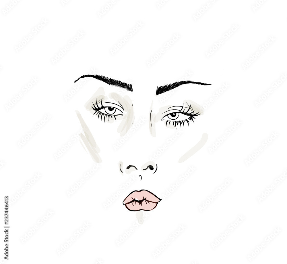 Illustrazione Stock color sketch of the face, facial expression, languid  look, nose and eyes, big eyes with eyelashes, large and thin eyebrows,  pupils. pop art portrait. lush red lips | Adobe Stock