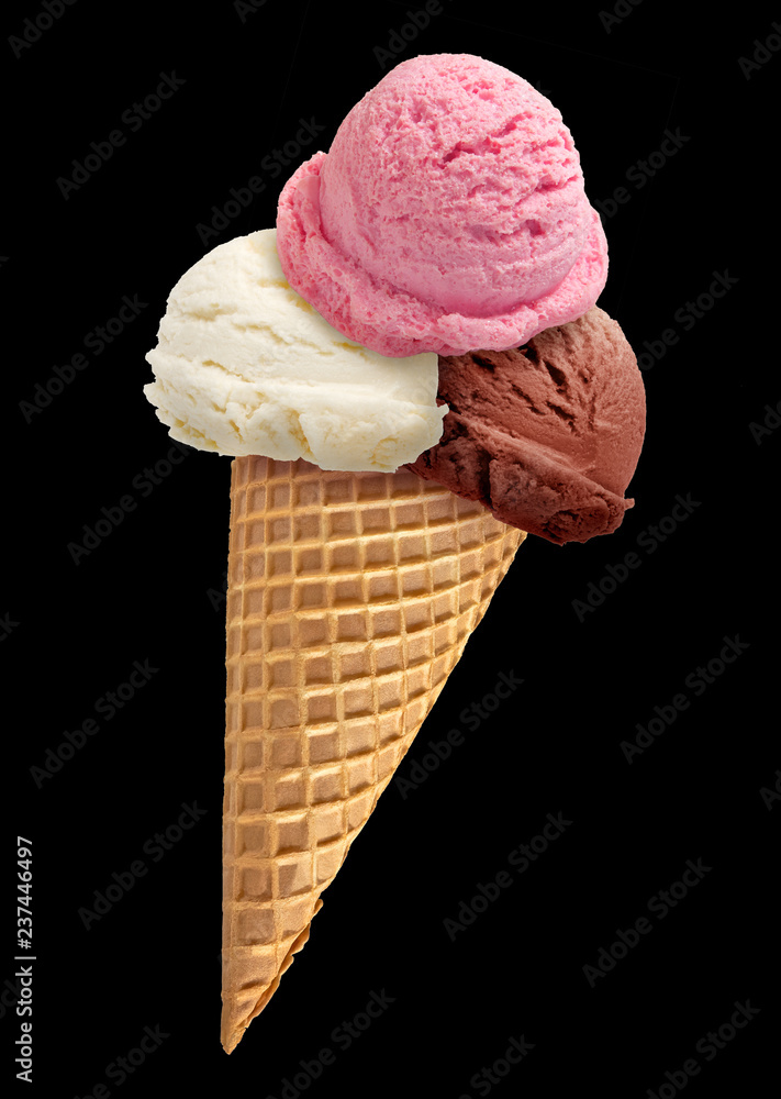chocolate, strawberry and vanilla ice cream scoops with cone isolated
