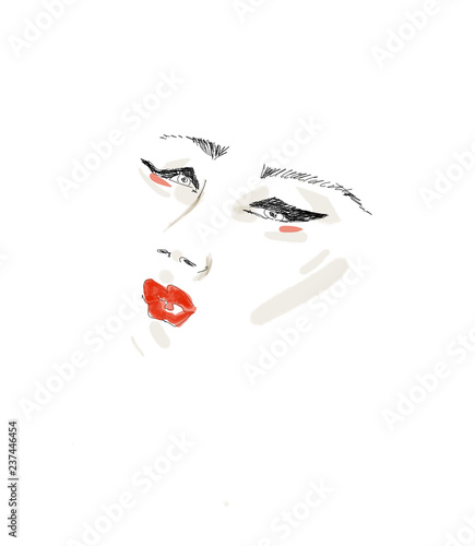 color sketch of the face  facial expression  languid look  nose and eyes  big eyes with eyelashes  large and thin eyebrows  pupils. pop art portrait. lush red lips