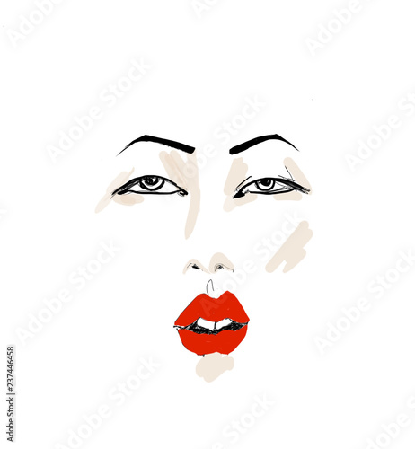 color sketch of the face, facial expression, languid look, nose and eyes, big eyes with eyelashes, large and thin eyebrows, pupils. pop art portrait. lush red lips