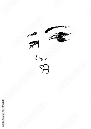 mimic face, languid look, sketch of lips, nose and eyes, big eyes with eyelashes, large and thin eyebrows, pupils