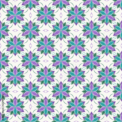 Seamless floral pattern with abstract flowers based on Arabic geometric ornaments. Geometric floral background in monochrome blue colors on white backdrop