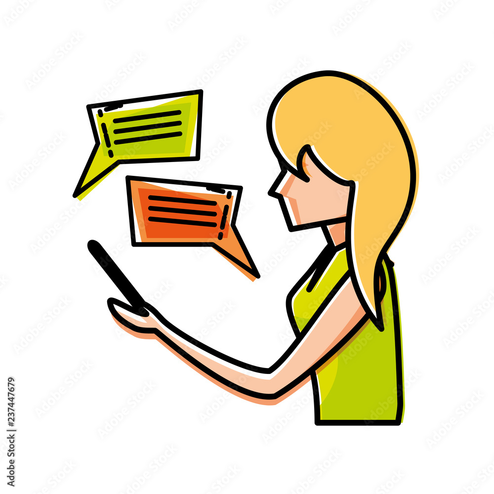 young woman with smartphone and speech bubbles young woman with smartphone and speech bubbles