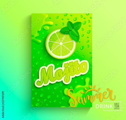 Fresh mojito banner, lime juice with drops from condensation, splashing and fruit slice on hot summer background for brand,logo, template,label,emblem,store,packaging,advertising.Vector illustration